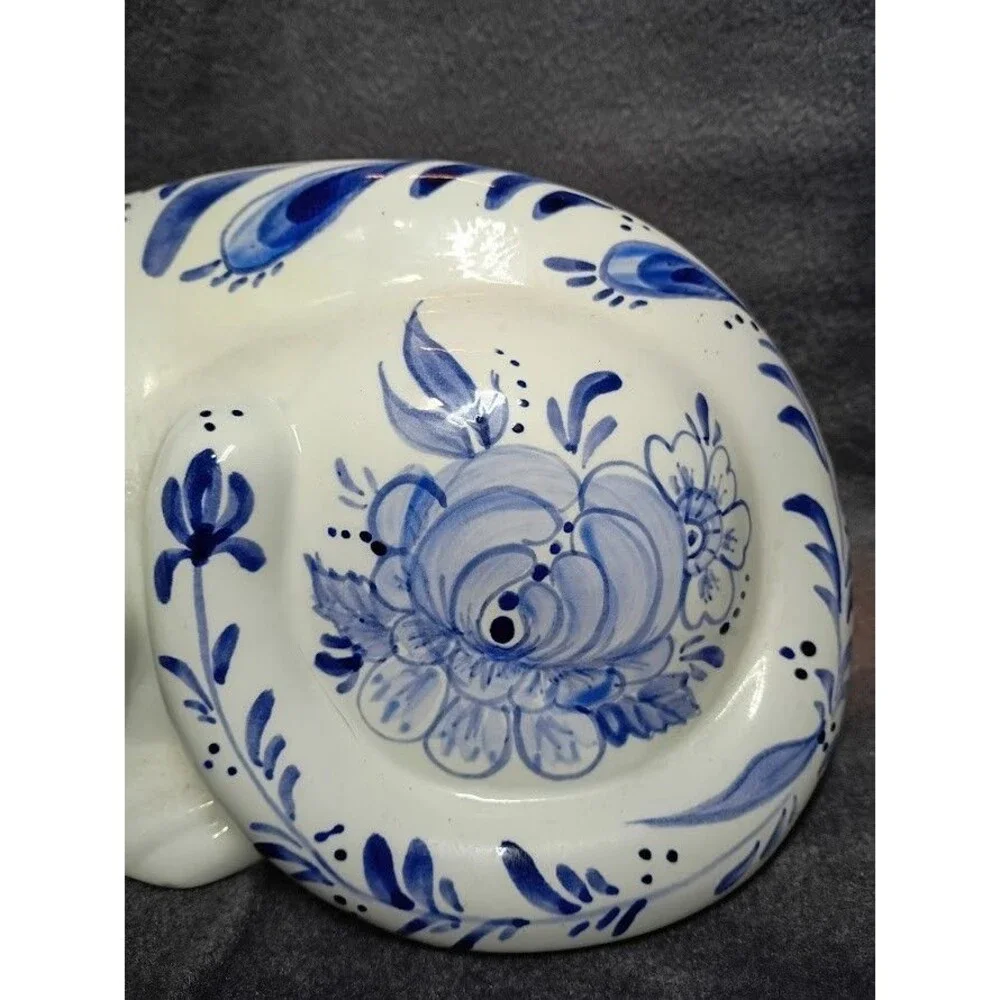 Vintage Cobalt Blue & White Flowers Laying On side Hand-Painted Cat By Alice